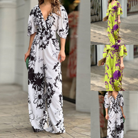 En stock Combinaison pour femme à imprimé floral, col en V, manches chauve-souris, taille haute, pantalon large, coupe ample, pour les vacances et les loisirs