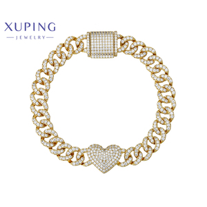 Pulsera Cubana Xuping Personalizada, Chapada en Oro <span class=keywords><strong>de</strong></span> 14k, Joyería para Pies, Corazón Brillante con Circonita, Pulsera Cubana con Corazón para Mujer - Product Image 1