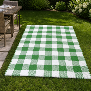 Green White <strong>Check</strong> Outdoor <strong>Rug</strong> Stain Resistant Casual Garden Table Cover - Product Image 2