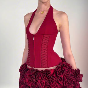 Women's Y2K Trendy Halter <b>Top</b> - Backless V Neck Slim Fit Tie Strap Zip Detail Sexy <b>Tank</b> - Product Image 5