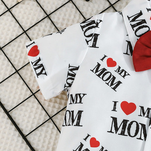 Conjunto Casual de Verano de Dos Piezas para Niños, Camiseta de Manga Corta con Estampado 'I Love My MOM' y Lazo Decorativo, Ropa para Bebés - Product Image 4