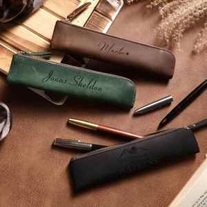 Leather <b>Pen</b> Case with Custom Engraving - Genuine Cowhide Pencil Pouch, Graduation & Birthday Gift for Men and Women - Product Image 2
