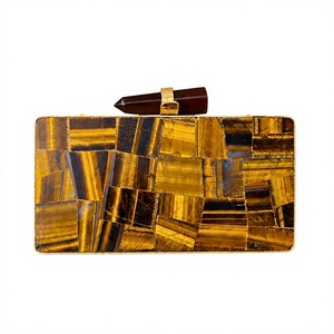 Pochette en laiton doré naturel avec pierre précieuse œil de tigre |   Chaînes Minaudière en Mosaïque Faites à la Main |   Sac de soirée de luxe pour mariée et femme - Product Image 1