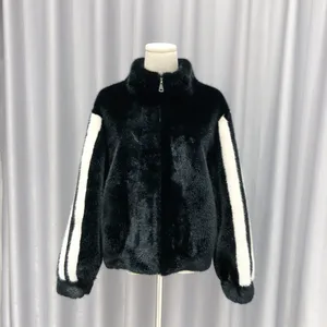 Neutrals Varsity 폭격기 재킷 남자 여자 대조 소매 가짜 모피 밍크 모피 코트 캐주얼 런던 야구 재킷