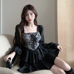 High-End Irregular Patchwork Dress Square Neck Tie-Waist Casual Daily Wear For Women Solid Color YX-9030 - Product Image 4