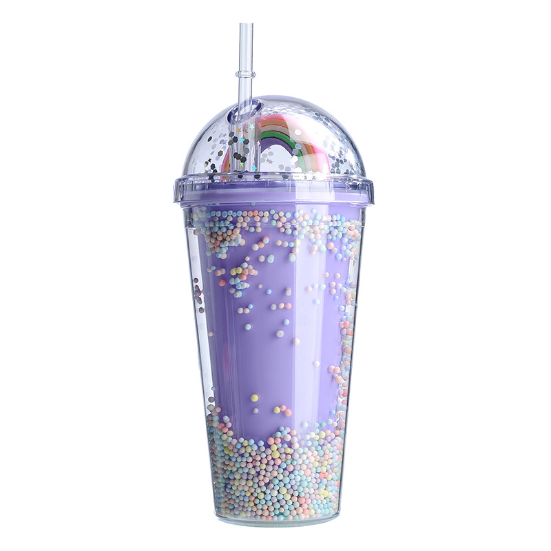 Креативная Радужная пластиковая бутылка для воды, 450 мл, двухслойная, блестящая, с блестками, кавайная чашка для питья с соломинкой и крышкой для кофе