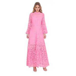 TWOTWINSTYLE Wholesale Hollow Out Solid Dresses For Women Stand Collar Long Sleeve High Waist Embroidery Women Dresses