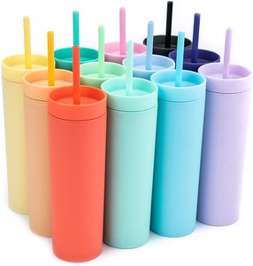 Vasos Watersy <span class=keywords><strong>2023</strong></span>, nuevos, delgados, rectos, de doble pared, de plástico mate, color pastel, acrílico, de 16 oz, con tapas y pajitas. - Product Image 1