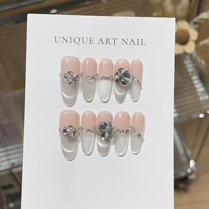 Ongles portables de luxe légers, haut de gamme, <span class=keywords><strong>gris</strong></span> champagne scintillant, effet œil de chat, incrustés de diamants K9 - Product Image 3