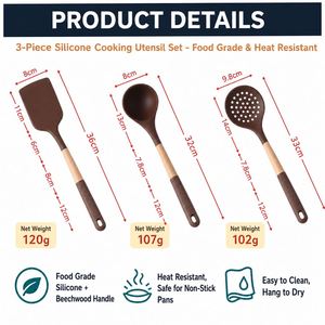 Juego de 3 utensilios de cocina de silicona con logotipo personalizado LA, mango de madera de haya, orificio para colgar para escurrir sopas y guisos, para el hogar y restaurantes, OEM ODM - Product Image 3