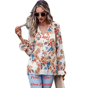 Customization Pattern Embroidery Floral Printing Loosen Blouse For Ladies Fashion Summer Party Wedding Casual Beach Dress Shirts