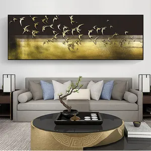 لوحات زيتية تجريدية طويلة من الكانافا على شكل طيور ذهبية مخصصة لوحات جدارية فن شمالي ملصقات ومطبوعات
