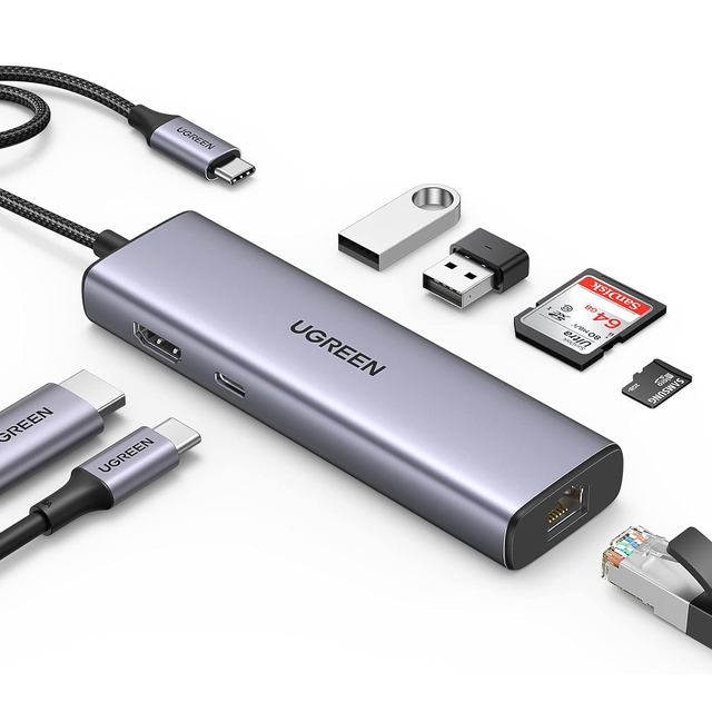 UGREEN 7-in-1 USB C Hub 4K-HDMI Multiport Adapter With 1Gbps Ethernet, 100W PD, 2 USB 3.0, SD/TF Card Reader, USB C Dongle