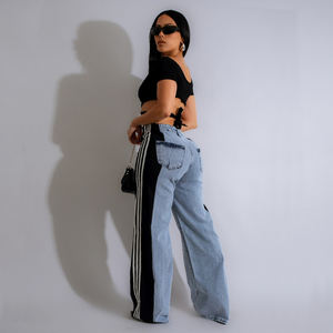 IHOOV, pantalones vaqueros de retazos de <span class=keywords><strong>tres</strong></span> rayas para mujer, pantalones vaqueros de pierna ancha sueltos transpirables y lavables con logotipo <span class=keywords><strong>en</strong></span> la cintura - Product Image 3