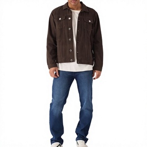 Veste en jean marron foncé pour homme, col mandarin décontracté, respirante, coupe classique, hiver, 100% coton, style délavé - Product Image 2