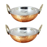 Vente de qualité supérieure Logo personnalisé Acier Cuivre Kadai Karahi avec poignée en laiton Finition Cuivre Polonais Chaud Froid Alimentaire Serveware