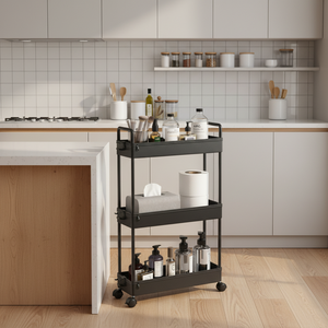 رف تخزين بلاستيكي حديث ثلاثي الطبقات للمطبخ مع عجلات متعدد الوظائف غير قابل للطي YHN-474-3P - Product Image 2