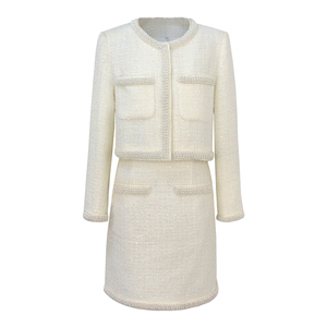 Conjunto <span class=keywords><strong>de</strong></span> Dos Piezas Elegante <span class=keywords><strong>de</strong></span> Tweed con Adornos <span class=keywords><strong>de</strong></span> Perlas para Mujer, <span class=keywords><strong>Chaqueta</strong></span> Corta <span class=keywords><strong>de</strong></span> Manga Larga con Cuello Redondo <span class=keywords><strong>y</strong></span> Minifalda, Atuendo Formal - Product Image 1