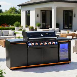 Cuisine extérieure modulaire, station de barbecue au gaz, 6+1 brûleurs, brûleur latéral infrarouge avec réfrigérateur, dessus en granit, acier inoxydable - Product Image 1
