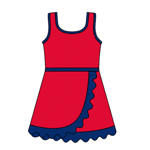 GSD4131 Vestido personalizado para niña pequeña, estilo boutique, color azul marino con ribete naranja, sin mangas, estilo atlético con volantes. - Product Image 4