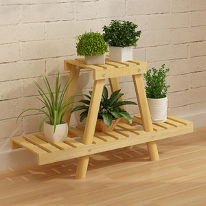 Support à fleurs en bois à deux niveaux, étagère autoportante pour salon, balcon, présentoir de plantes, bois naturel brun - Product Image 1