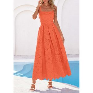 Robe longue d'été sans manches pour femme, col carré, à œillets, coupe trapèze fluide, pour les vacances à la plage, en tissu tissé respirant - Product Image 6