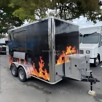 Vente chaude 2026, prêt à expédier, food truck carré noir avec design feu, enveloppe personnalisée, chariot de nourriture pour la vente de nourriture rapide et de collations