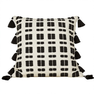 Bohemian Geometric Cotton Throw <b>Pillow</b> Cover with <b>Black</b> Tassels Square Embroidered Decorative Cushion Washable Indoor Outdoor - Product Image 1