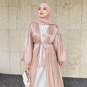 Loriya femmes à la mode avant ouvert Abaya modeste robe longue avec maille brillante Polyester manches régulières solide islamique a-ligne - Product Image 5
