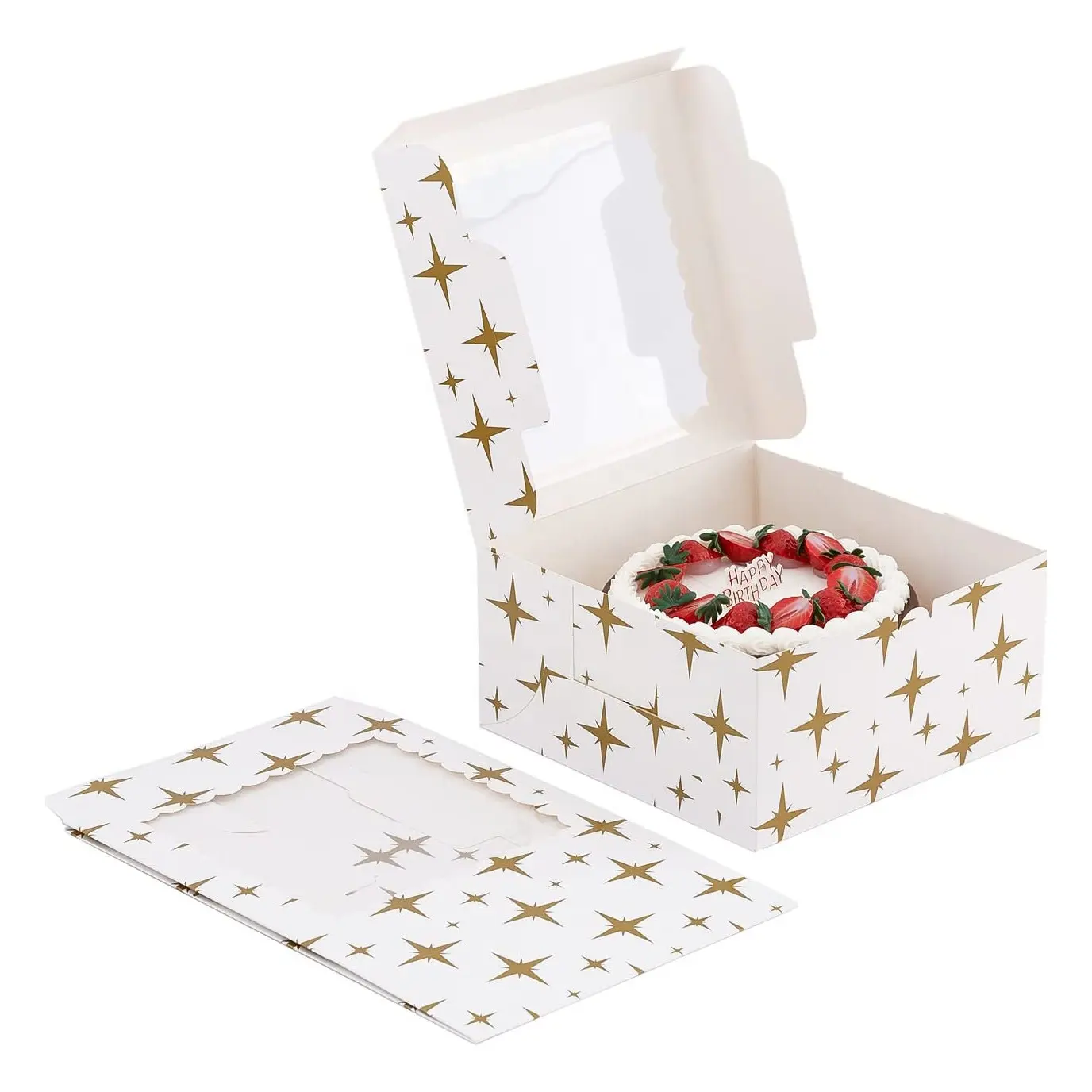 スクエア46 810インチウエディングケーキボックスホワイトペーパーフラットパックベーカリーボックスカップケーキ用透明ウィンドウペストリーハットボックス付き