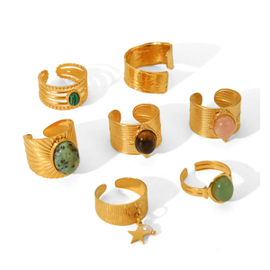 แหวนเปิดสเตนเลสชุบทองหรูหราจี้มุกน้ำจืดจี้รูปหัวใจรูปดาว - Product Image 1