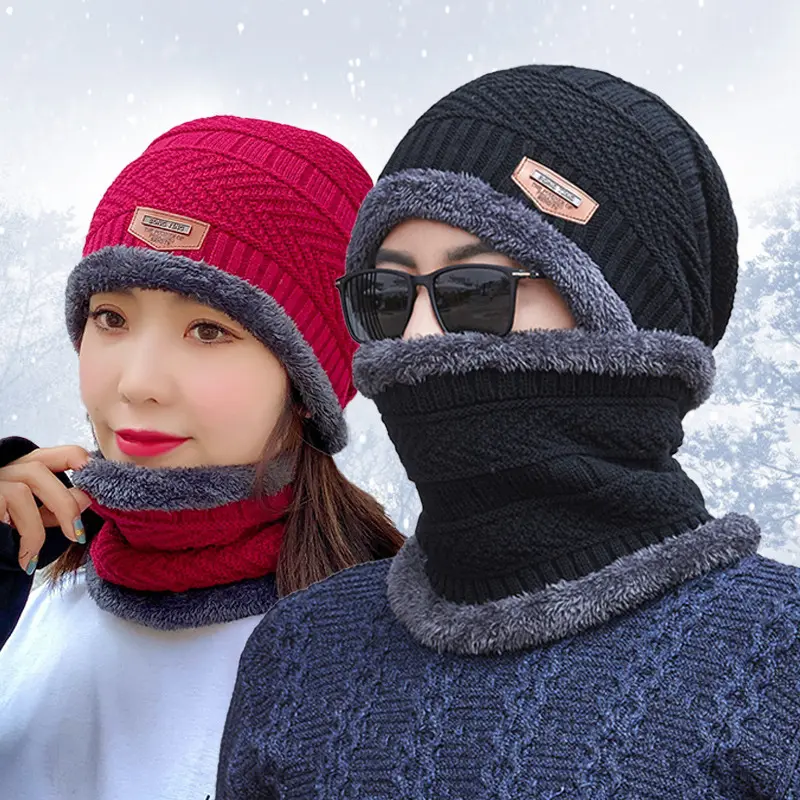 Warm Knit Hat Thick Fleece Lined Winter Neck Warmer Men And Women Winter Beanie Hat Scarf Set