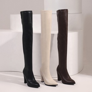 Bottes hautes extensibles pour femme, grande taille 48, talons carrés de 10 cm, bout pointu, élastiques, coupe large pour jambes fortes - Product Image 6