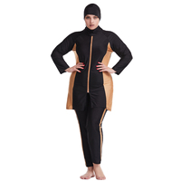Burkinis rayés personnalisés pour femmes grandes tailles, ensemble 3 pièces avec fermeture éclair, compatible hijab, pantalon couvrant intégral, col montant, logo frontal