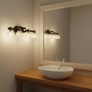 <b>Vintage</b> 4-Light Wall Sconce Clear Crystal <b>Shades</b> Black Iron Finish Bathroom Vanity Light Fixture - Product Image 2