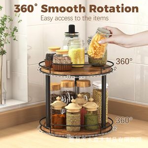 Étagère de rangement de cuisine rotative en bois à double couche, étagère de bureau domestique, boîte de rangement pour épices en bois - Product Image 2