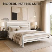 Cadre de lit plateforme en métal minimaliste blanc mat avec tête de lit à 3 lattes, sommier à lattes, assemblage KD, entièrement réglable, pour chambre d'hôtel