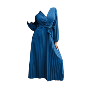 Europa Venta caliente de las mujeres de la nueva moda de manga larga con cuello en V vestido plisado elegante Casual Color sólido cinturón de encaje para el verano - Product Image 5