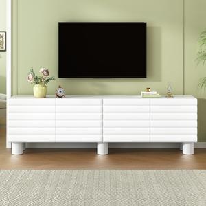 Elegante Mueble para TV de Estilo Mid-Century con Vidrio Ondulado Grueso, MDF, Estantes Ajustables, Estilo Crema, Montaje en Suelo, 4 Gabinetes, Consola Multimedia de 75 Pulgadas - Product Image 2