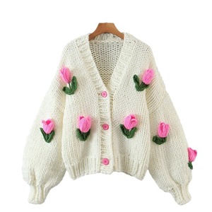 Cárdigan de Punto para Mujer Dalang, Bordado de Tulipanes, Algodón, Corte Holgado, Manga Larga, Cierre de Botón, Estampado Floral - Product Image 5
