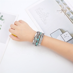 Bracelet en cuir tressé style européen, fermoir magnétique bohème, avec plume antique et turquoise pour femme - Product Image 2