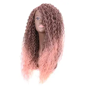 고귀한 옹 브르 롱 핑크 저렴한 Afro Kinky Curly 꼰 26 인치 Curcly 중간 섬유 갈색 합성 헤어 가발 프론트 레이스