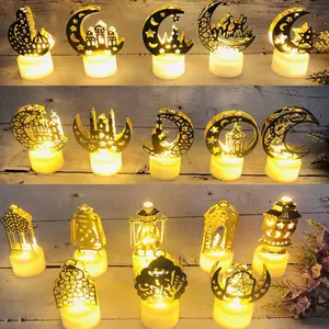Eisen Kunst LED Kerze Ramadan Eid String Licht Muslim Eid Goldene Laternen Tee licht Mubarak Islam Dekorative Laterne mit Batterie