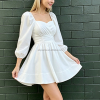 Robe Courte Blanche Corsetée à Manches Longues pour Femme, Col Carré Froncé, Volants et Manches Bouffantes, Style Cottagecore d'Été, Vente en Gros Personnalisée
