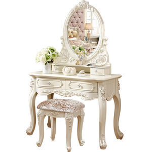 Mueble de tocador antiguo de estilo europeo, juego de tocador <span class=keywords><strong>con</strong></span> <span class=keywords><strong>espejo</strong></span> y taburete, mesa de maquillaje de madera de alta calidad - Product Image 3