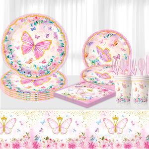 Nouvel ensemble de fournitures de fête papillon rose, vaisselle jetable florale, assiettes, gobelets, décorations d'anniversaire, bannières, style fête - Product Image 3