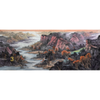 Peinture de paysage sur papier Xuan traditionnel chinois Shanshui, peinte à la main, de 367x144 cm, avec un thème forêt rouge et porte-bonheur