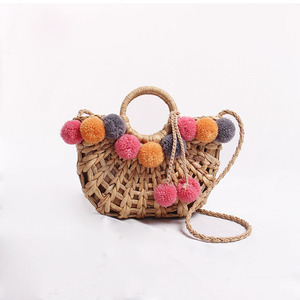 NOUVEAU Sac de plage chic en paille tressée avec pompon en laine coloré, sac à bandoulière pour <span class=keywords><strong>femme</strong></span>, cabas d'été - Product Image 3