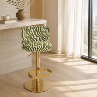 Tabouret de bar pivotant moderne en velours à motif zèbre olive, dossier bas rembourré, piétement annulaire doré, repose-pieds, réglage hydraulique, pour la maison