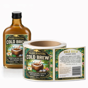 ฉลากกาแฟแบบกำหนดเอง ฉลากฟอยล์สีทองเมทัลลิก กันน้ำ พิมพ์สำเร็จรูปด้านหน้าและด้านหลัง สติกเกอร์สำหรับบรรจุภัณฑ์ขวดแก้ว/โหลแก้วสีเหลืองอำพัน - Product Image 1